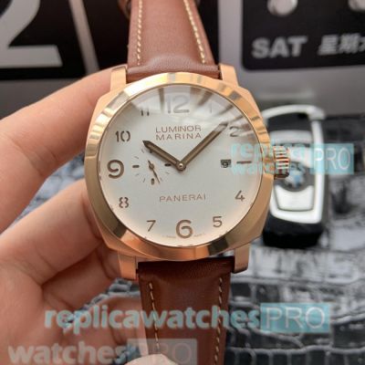 High Quality Clone Panerai Luminor Marina White Dial Brown Leather Strap Men's Watch